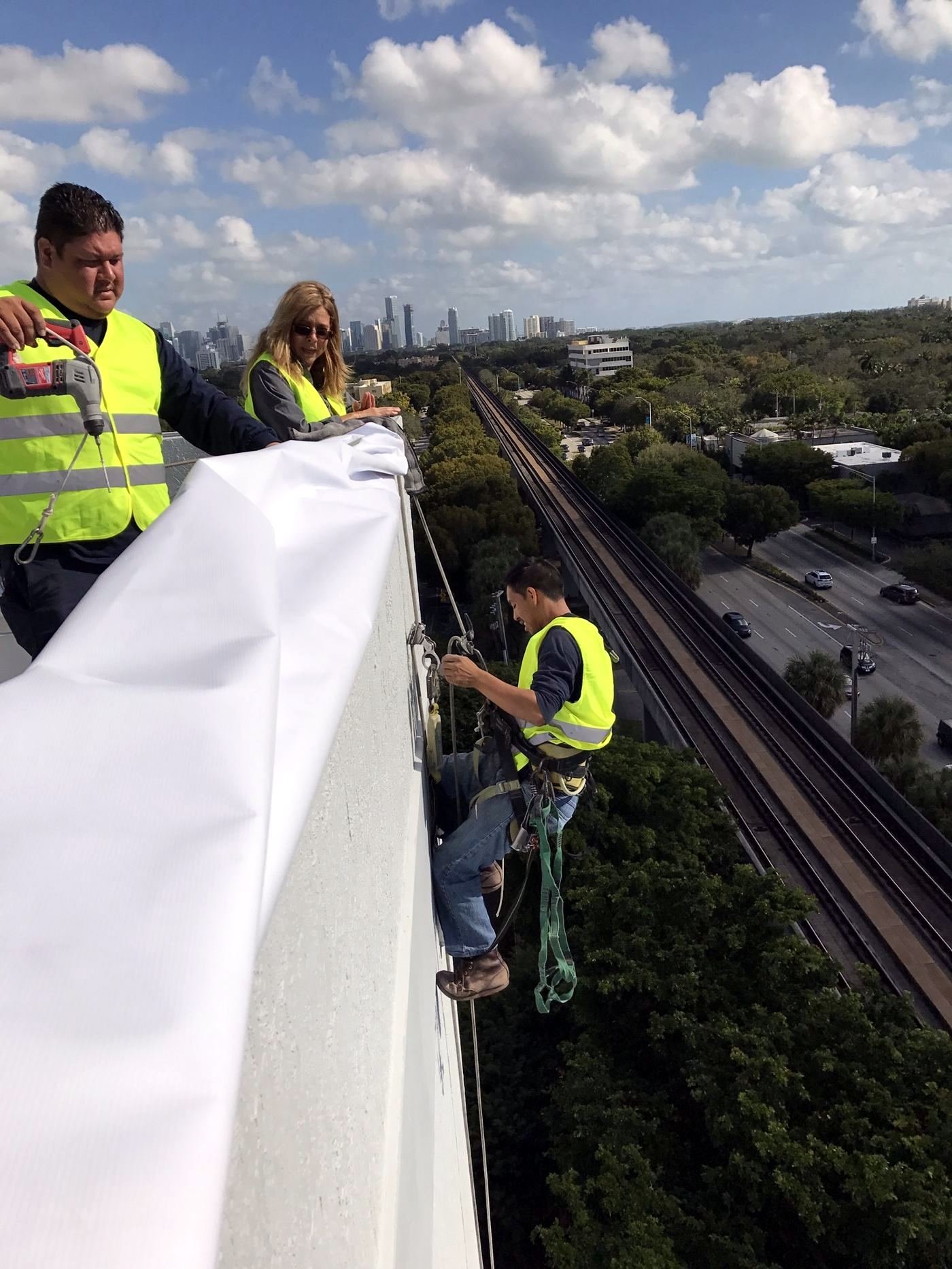 A building wrap, tensioned nine stories up