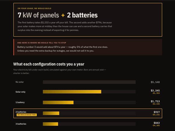 VP Energy battery simulator comparing one, two and three batteries under NEM 3.0