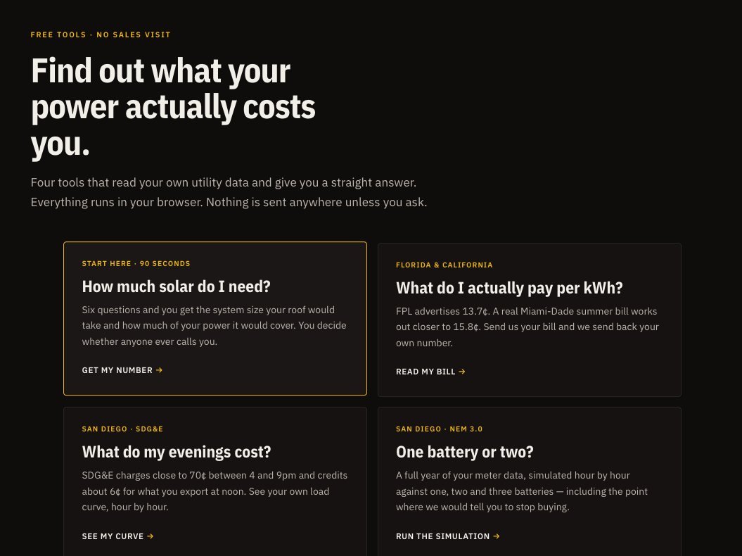 VP Energy homepage with the headline Find out what your power actually costs you, above four free tool cards